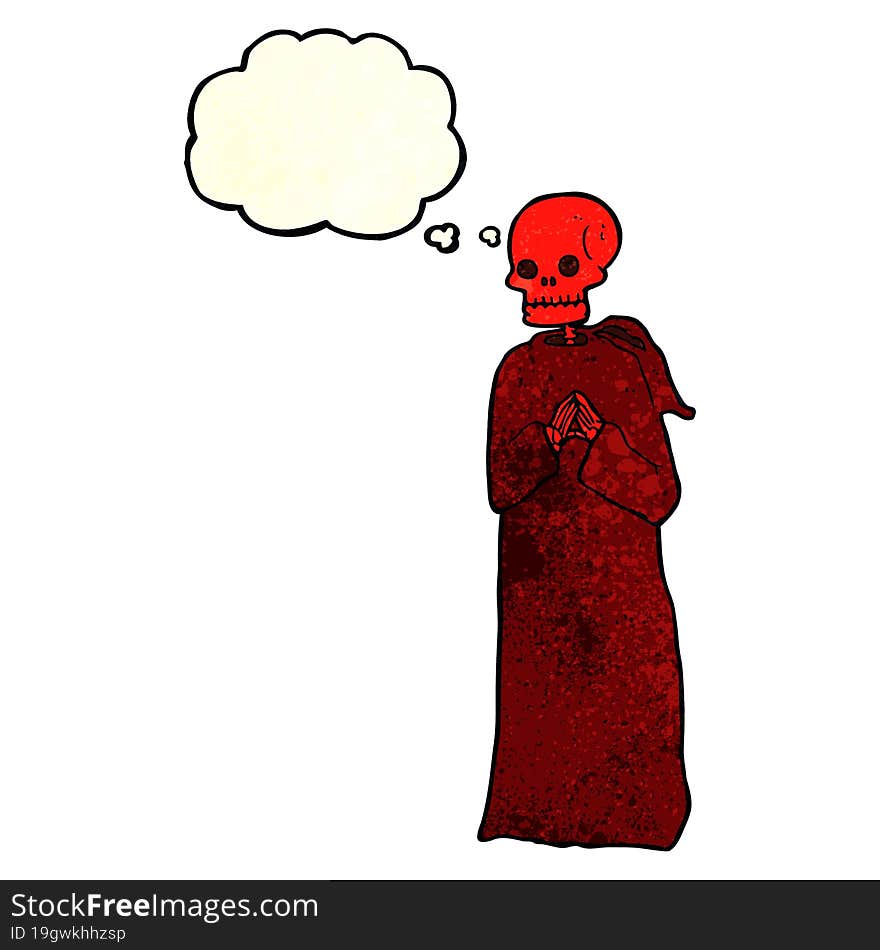 cartoon spooky skeleton in robe with thought bubble