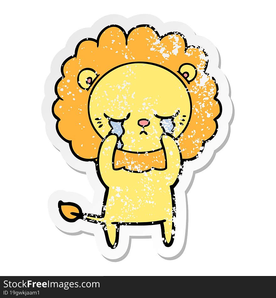 distressed sticker of a crying cartoon lion