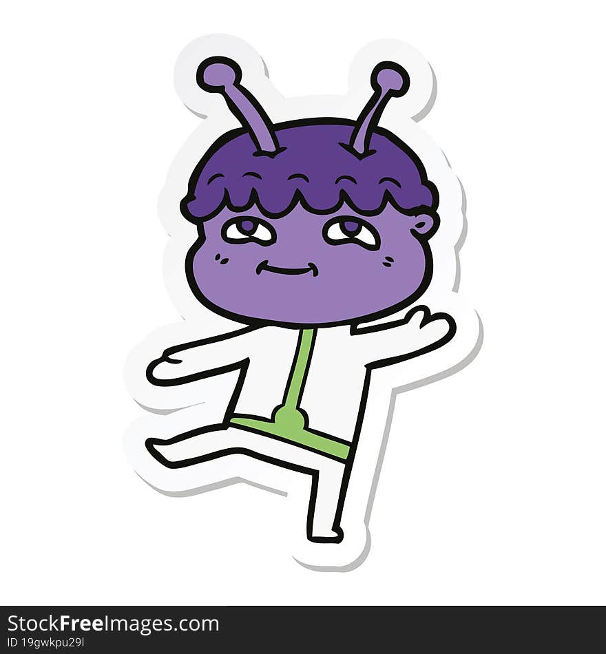 sticker of a friendly cartoon spaceman dancing