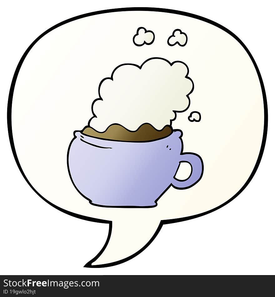 cartoon hot cup of coffee with speech bubble in smooth gradient style