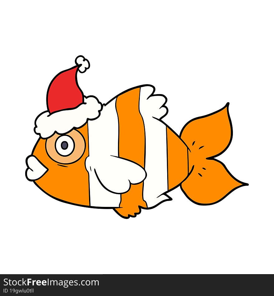 line drawing of a exotic fish wearing santa hat