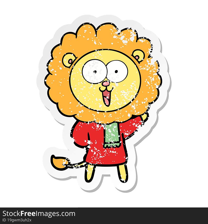 distressed sticker of a happy cartoon lion