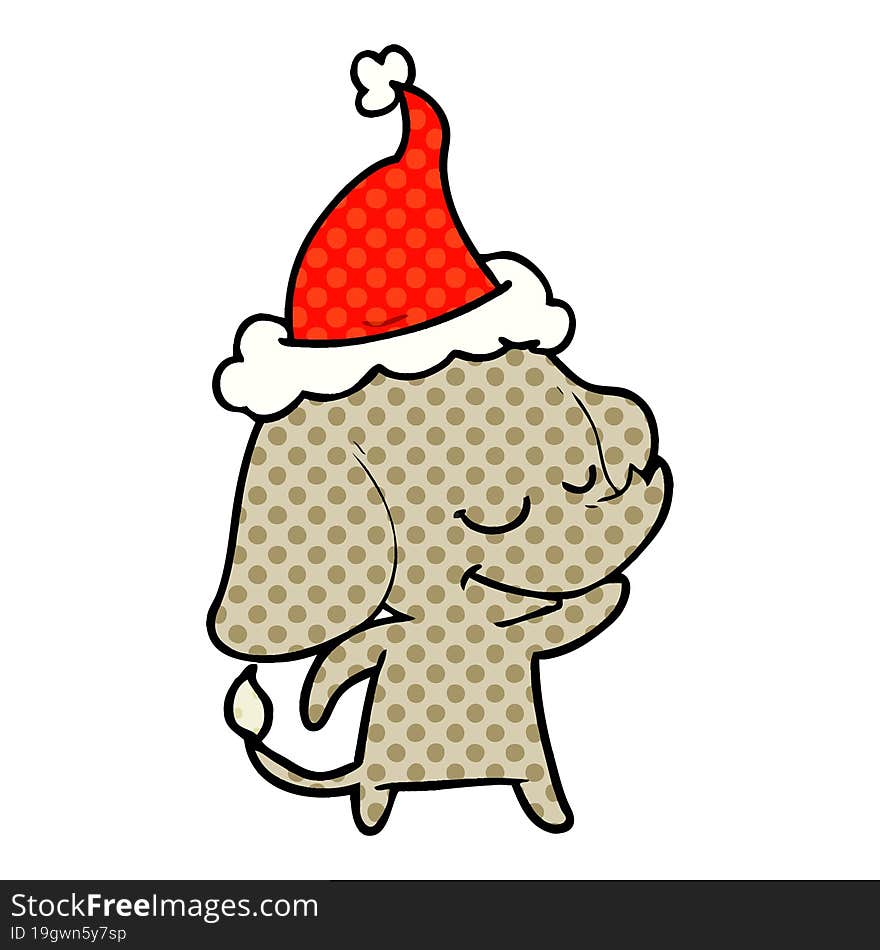 comic book style illustration of a smiling elephant wearing santa hat