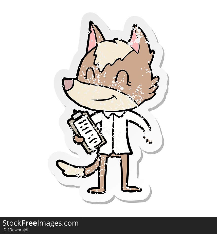 distressed sticker of a friendly cartoon wolf boss