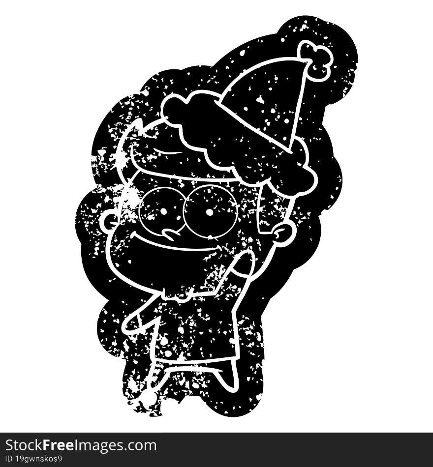 cartoon distressed icon of a happy man wearing santa hat