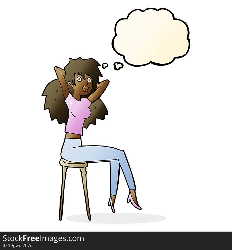 cartoon woman posing on stool with thought bubble