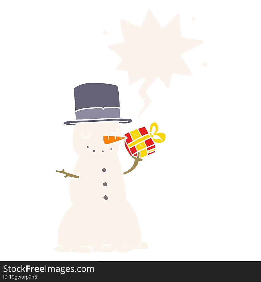 cartoon christmas snowman and speech bubble in retro style