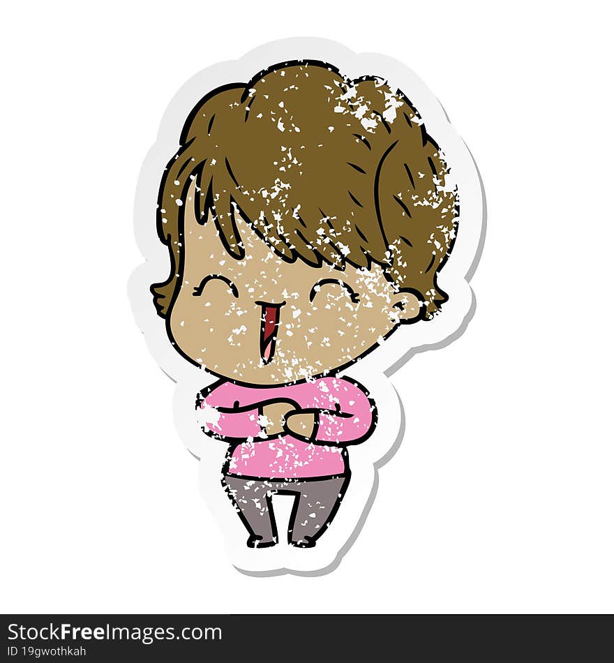 distressed sticker of a cartoon laughing woman