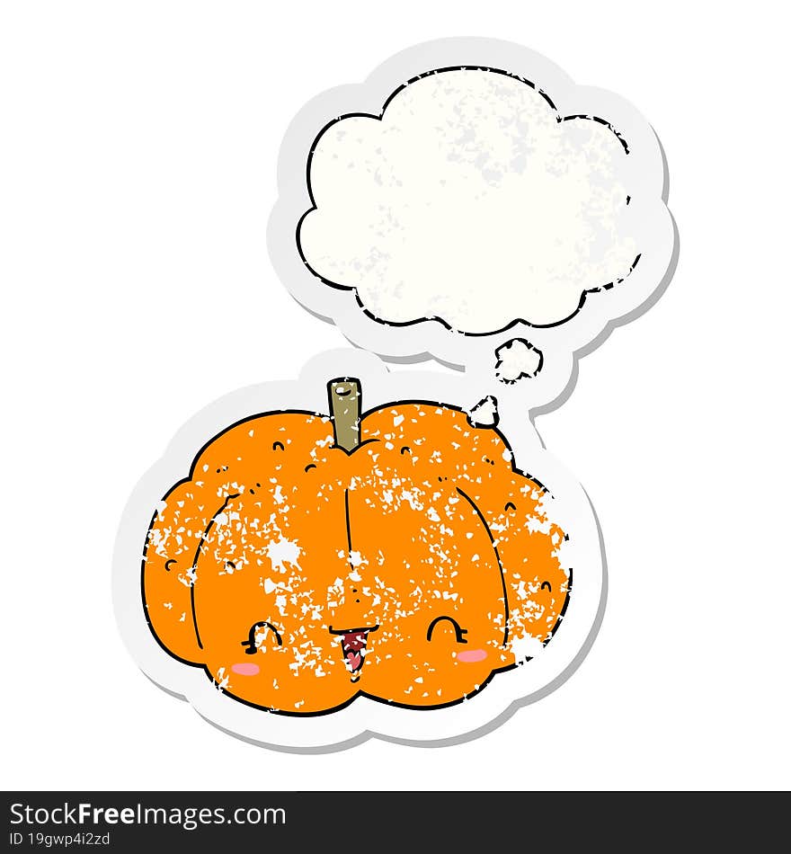 cartoon pumpkin with thought bubble as a distressed worn sticker