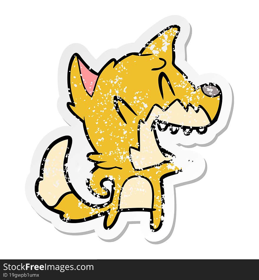 Distressed Sticker Of A Laughing Fox Cartoon