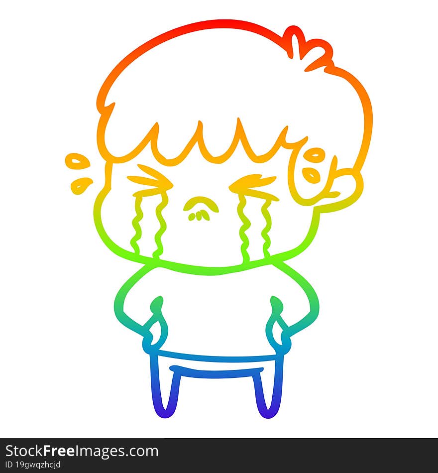 rainbow gradient line drawing of a cartoon boy crying