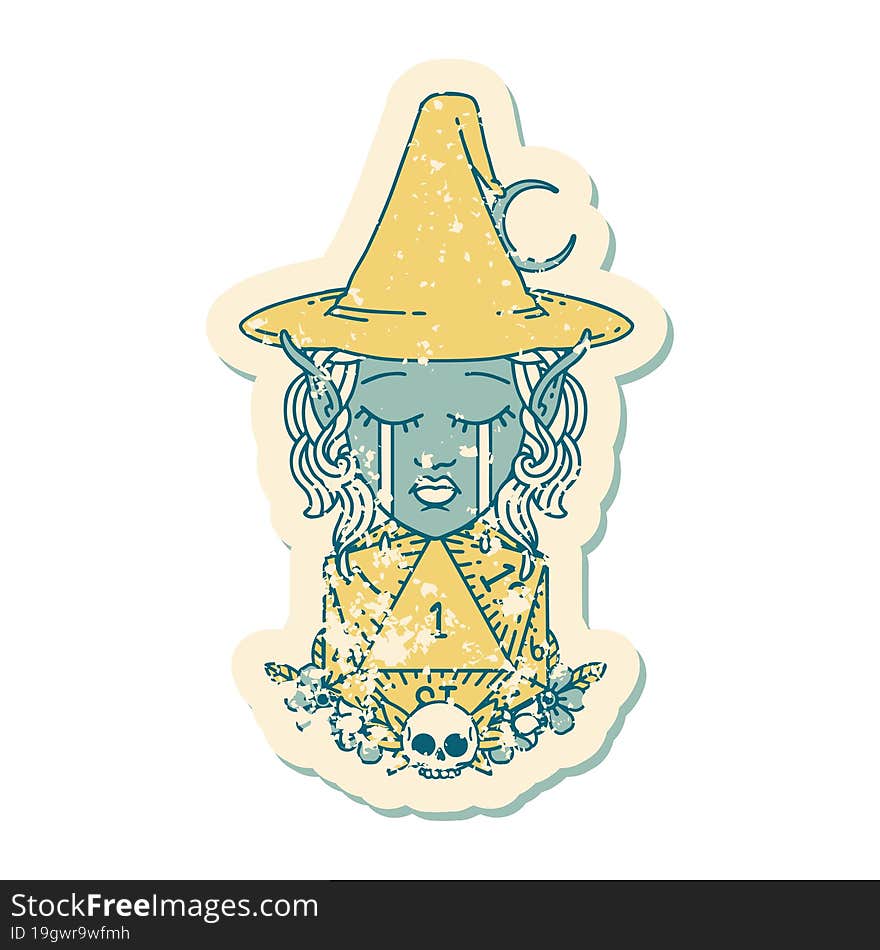 crying elf witch with natural one D20 roll illustration