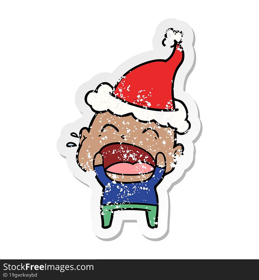 Distressed Sticker Cartoon Of A Shouting Bald Man Wearing Santa Hat