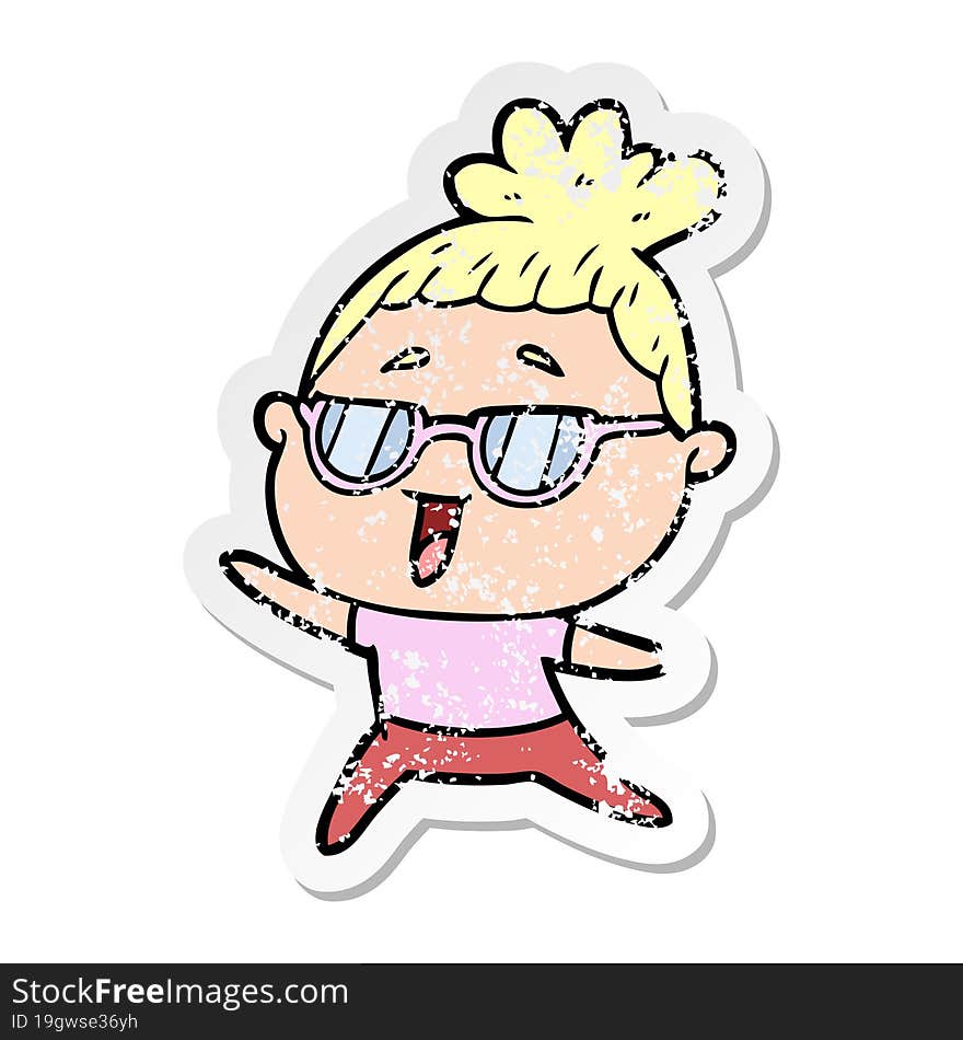 distressed sticker of a cartoon happy woman wearing spectacles