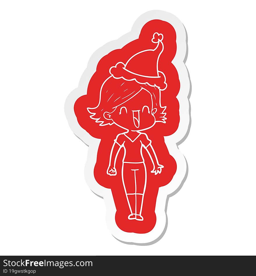 cartoon  sticker of a happy woman wearing santa hat