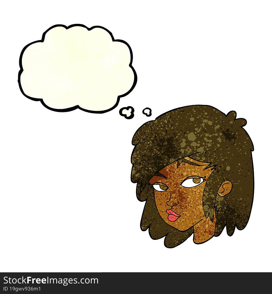 cartoon curious woman with thought bubble