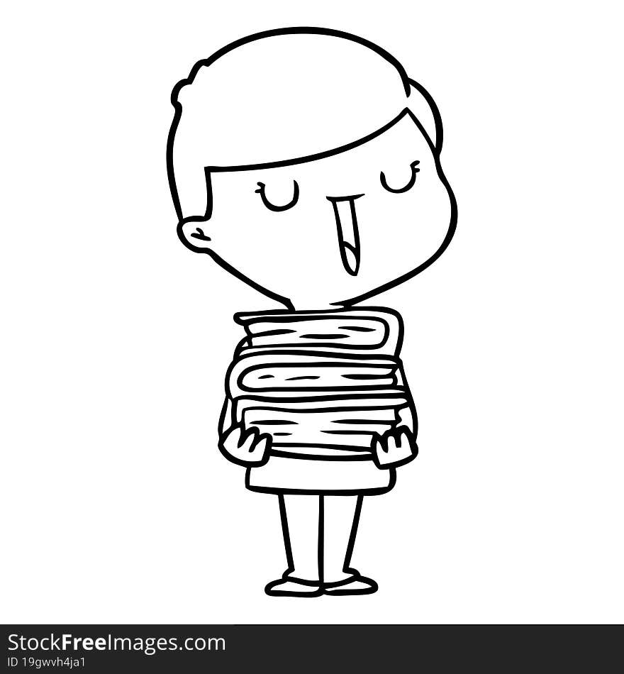 cartoon happy boy with stack of books. cartoon happy boy with stack of books