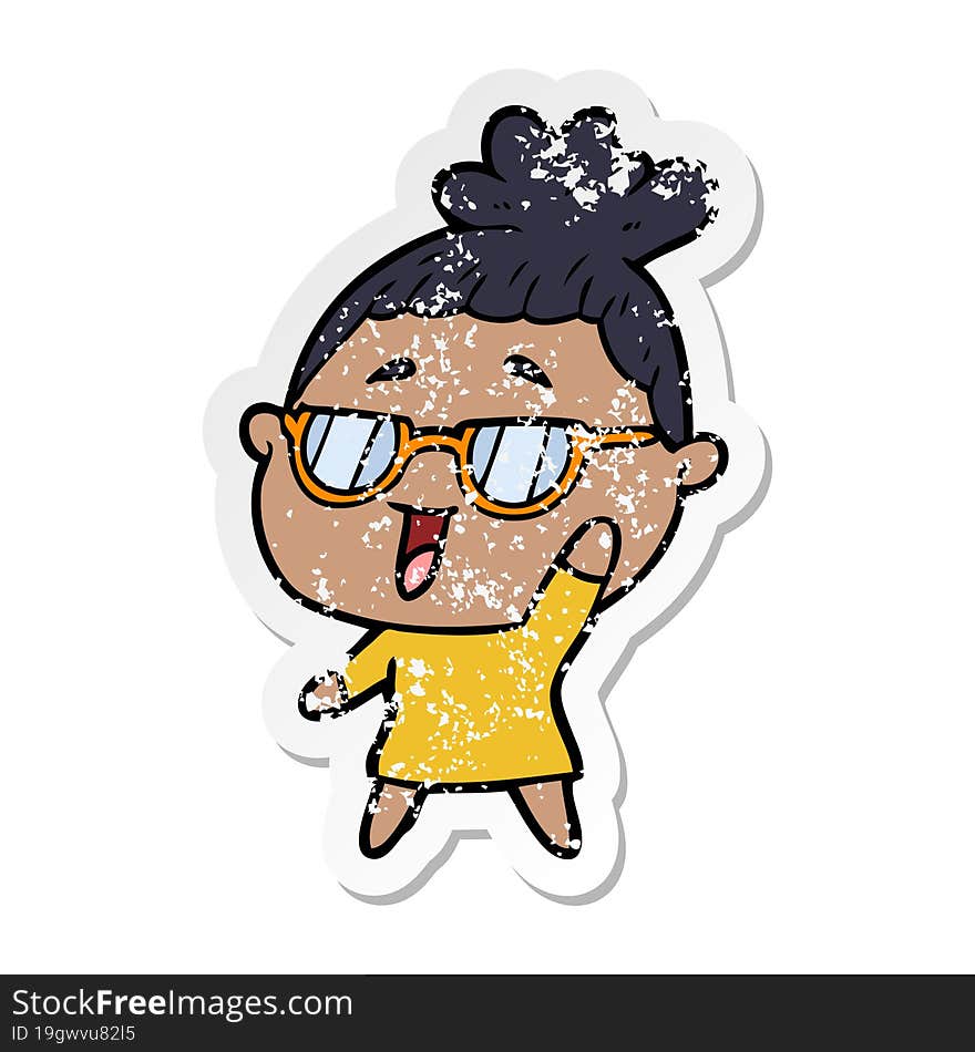 Distressed Sticker Of A Cartoon Happy Woman Wearing Spectacles