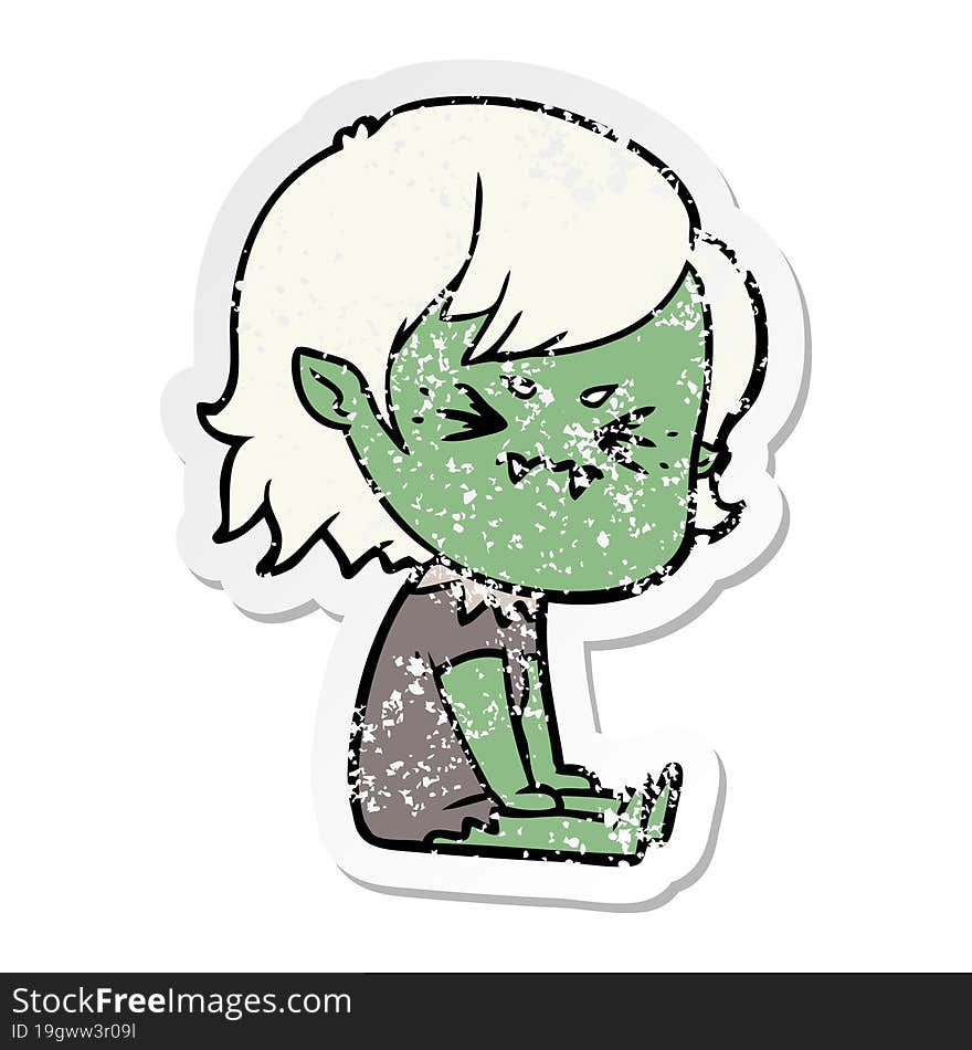 distressed sticker of a annoyed cartoon vampire girl