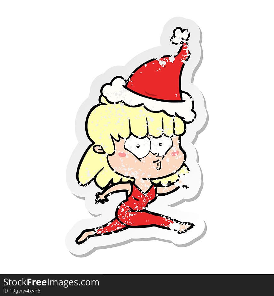 distressed sticker cartoon of a woman running wearing santa hat