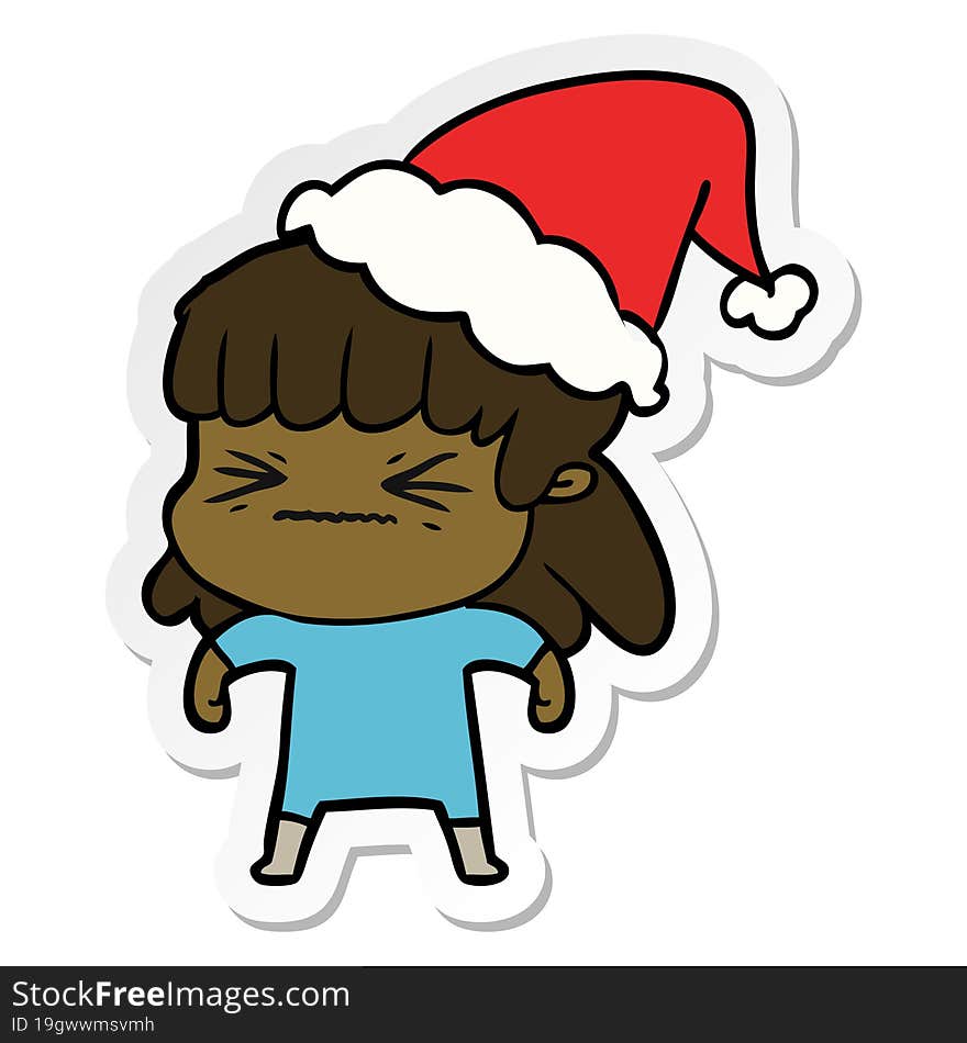 hand drawn sticker cartoon of a woman wearing santa hat