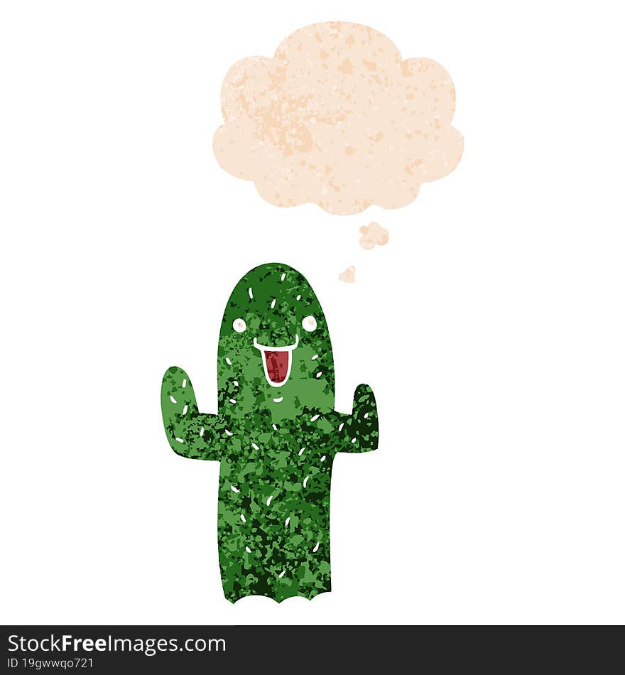 cartoon cactus and thought bubble in retro textured style