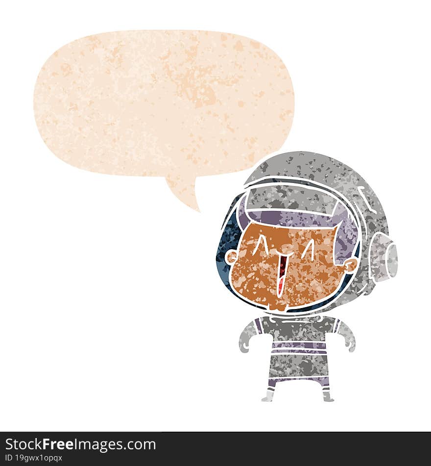 cartoon astronaut man and speech bubble in retro textured style