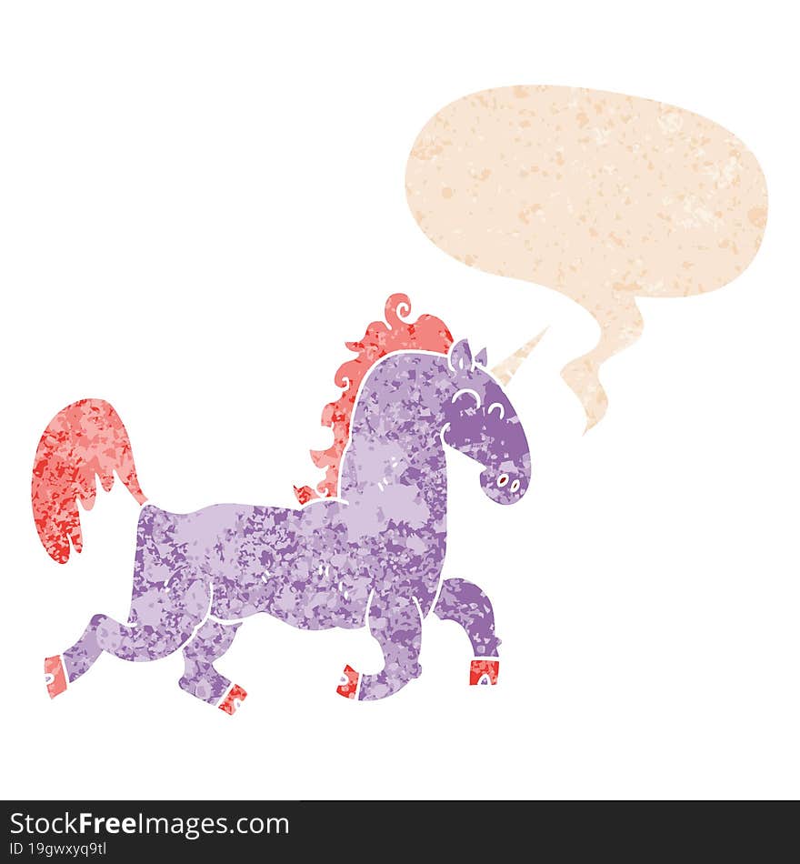 cartoon unicorn and speech bubble in retro textured style