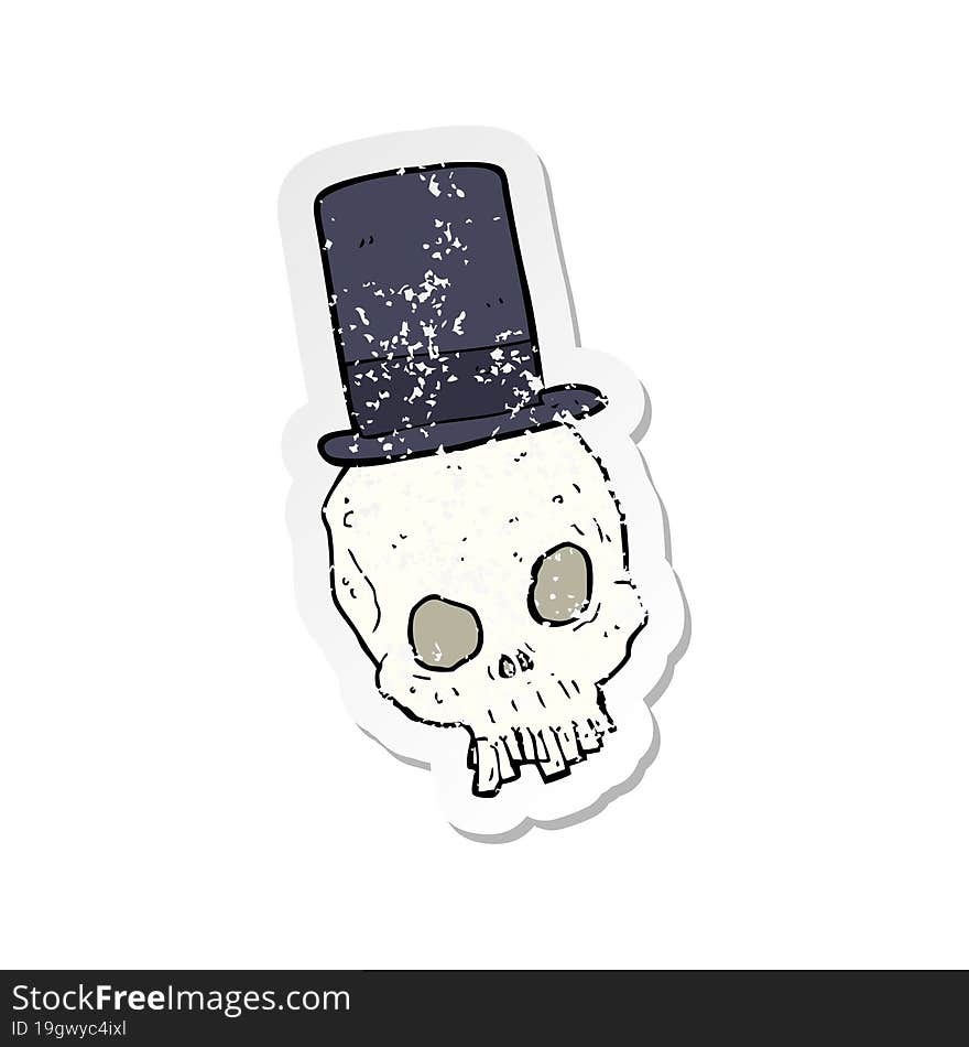 retro distressed sticker of a cartoon skull wearing top hat