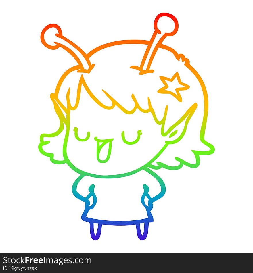 rainbow gradient line drawing happy alien girl cartoon