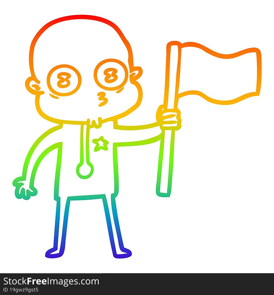 rainbow gradient line drawing cartoon weird bald spaceman with flag