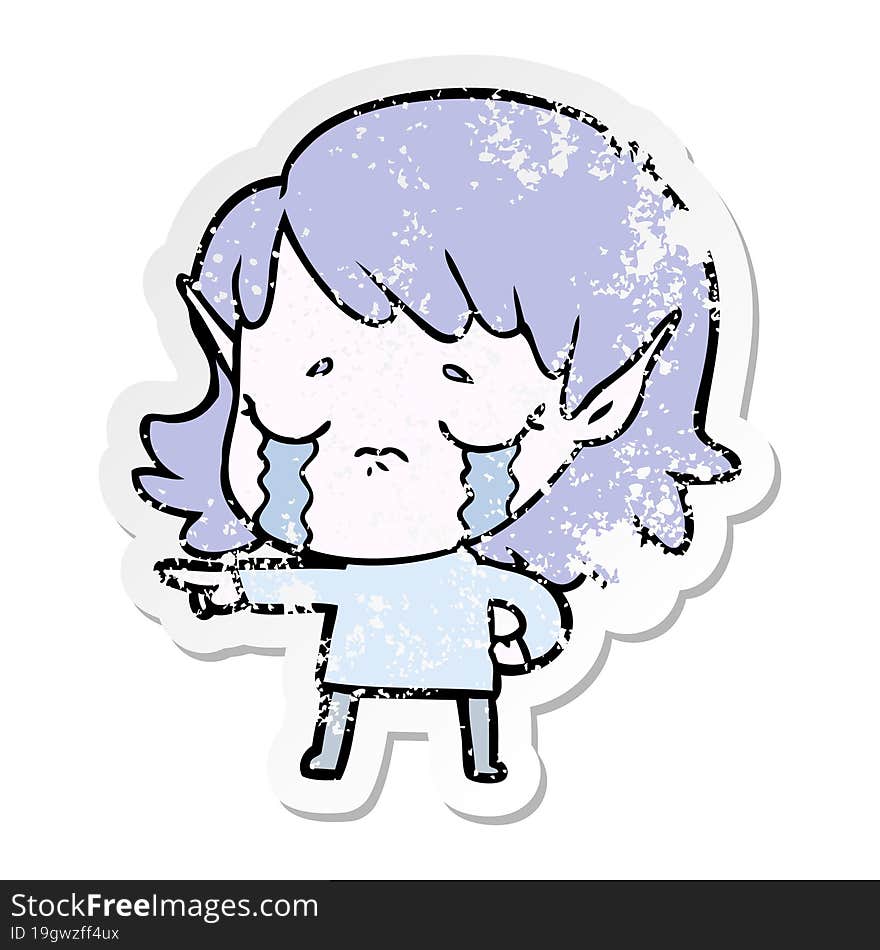 distressed sticker of a cartoon crying elf girl