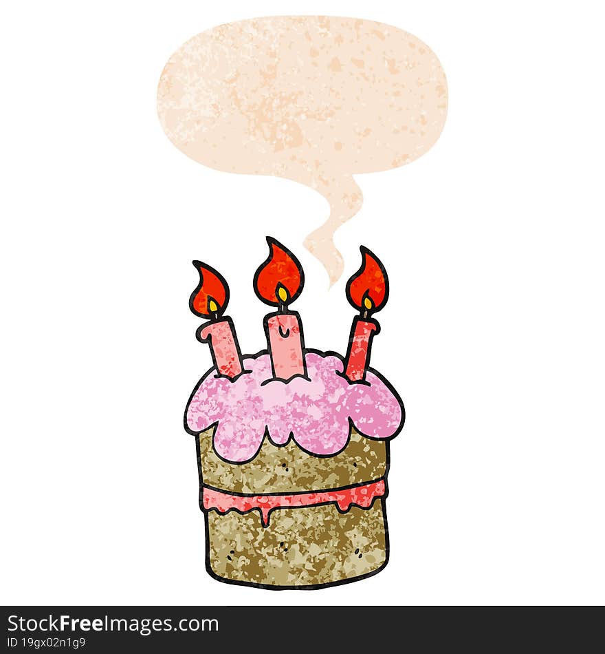 cartoon birthday cake and speech bubble in retro textured style