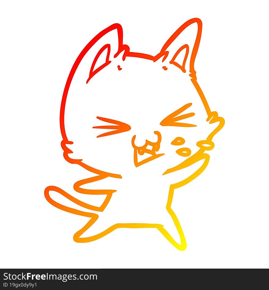 warm gradient line drawing of a cartoon cat hissing