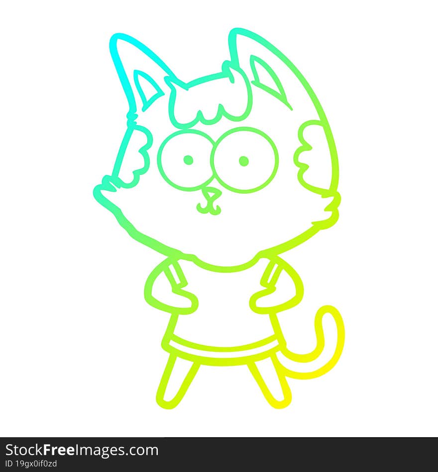 cold gradient line drawing of a happy cartoon cat