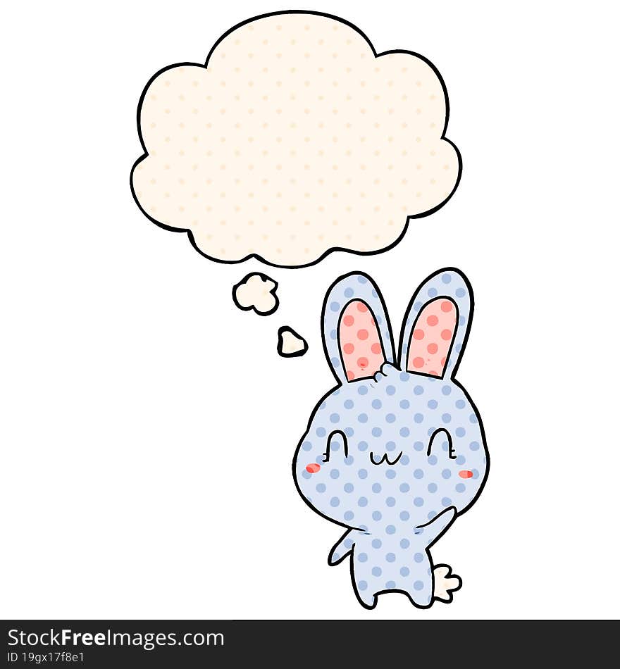 cartoon rabbit waving and thought bubble in comic book style