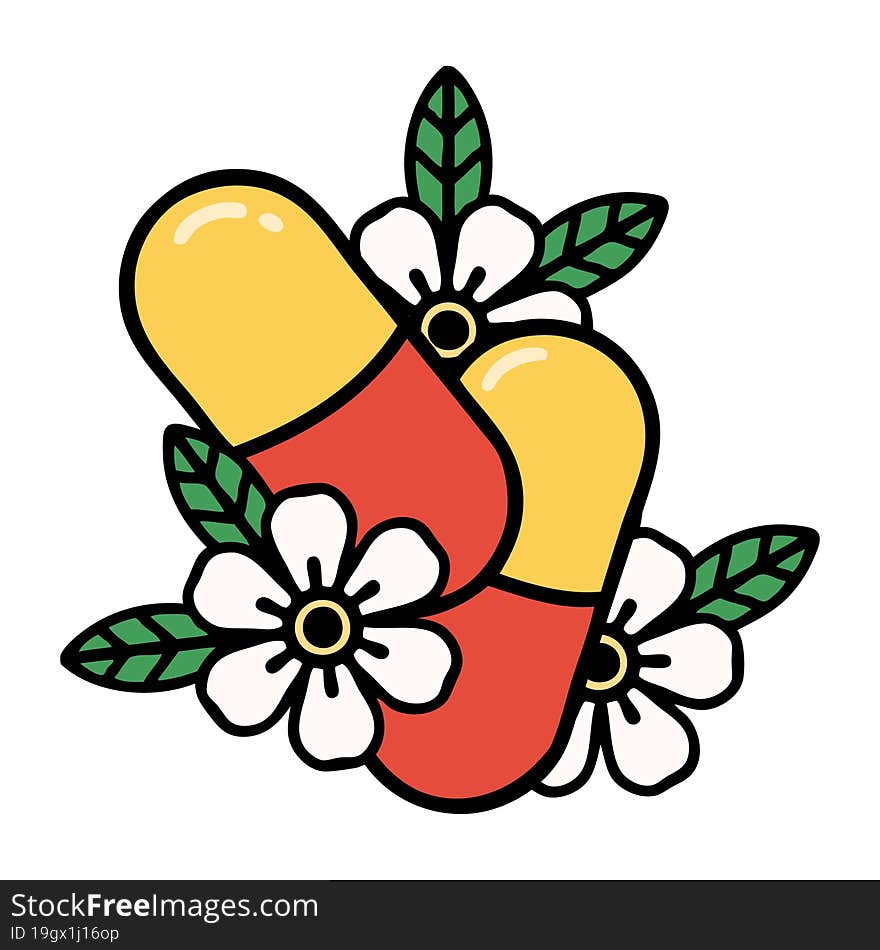 Traditional Tattoo Of Pills And Flowers