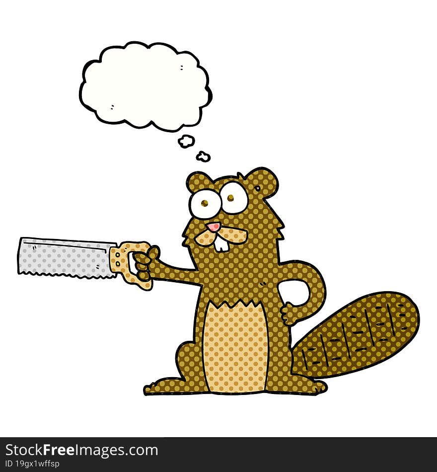 thought bubble cartoon beaver with saw