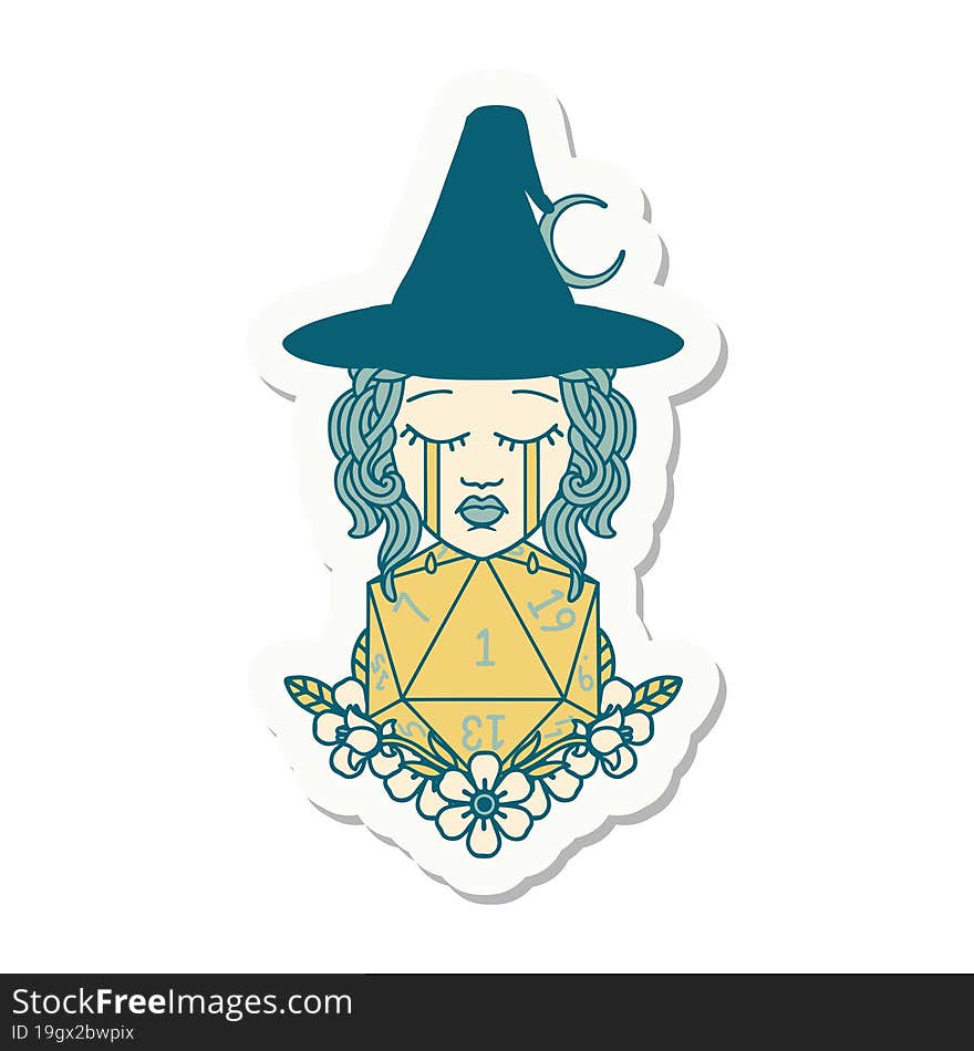 Crying Human Witch With Natural One D20 Dice Roll Sticker