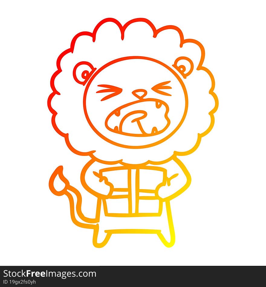 warm gradient line drawing of a cartoon lion with christmas present