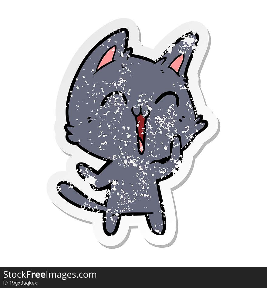 distressed sticker of a happy cartoon cat