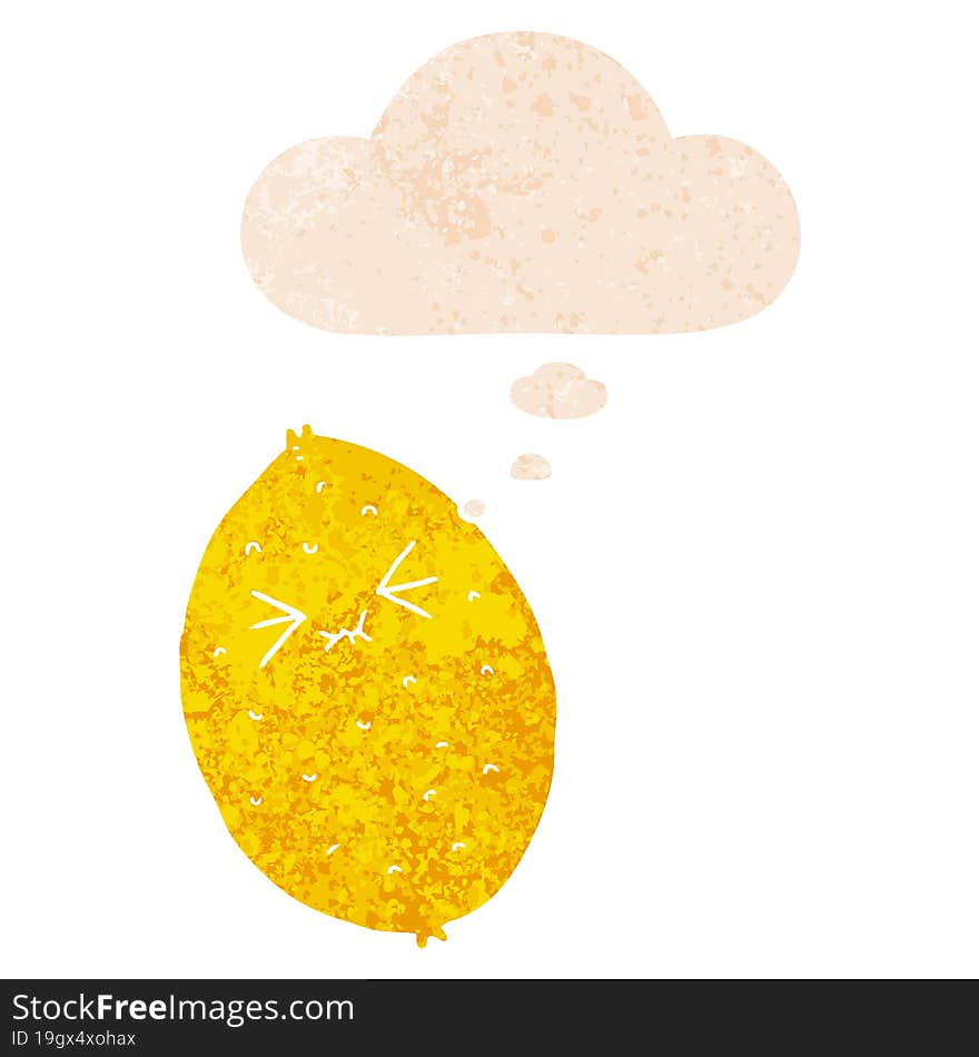 cartoon bitter lemon and thought bubble in retro textured style