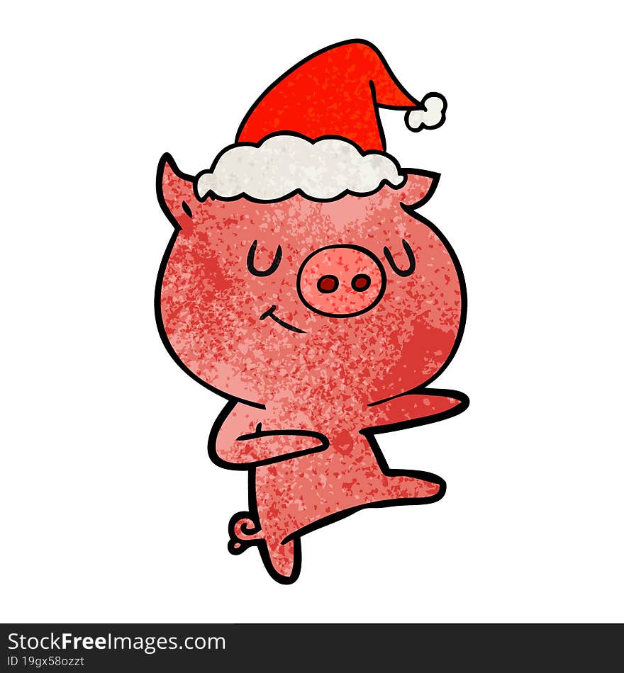 happy textured cartoon of a pig dancing wearing santa hat