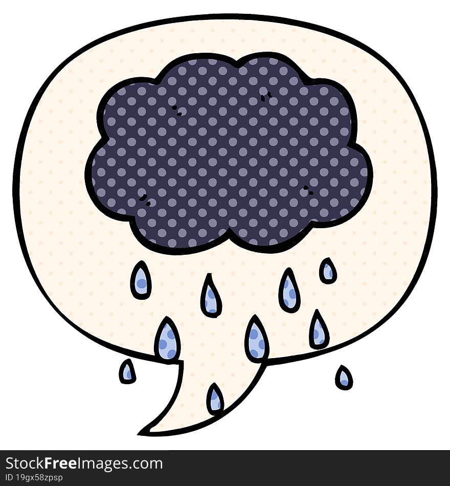 cartoon cloud raining and speech bubble in comic book style