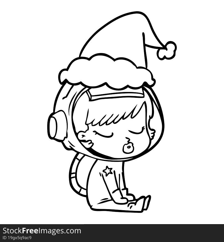 line drawing of a pretty astronaut girl sitting waiting wearing santa hat