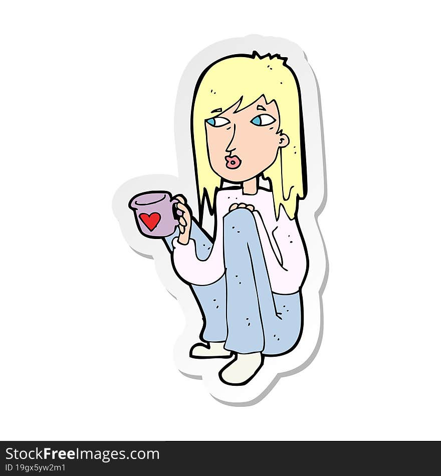 sticker of a cartoon woman sitting with cup of coffee