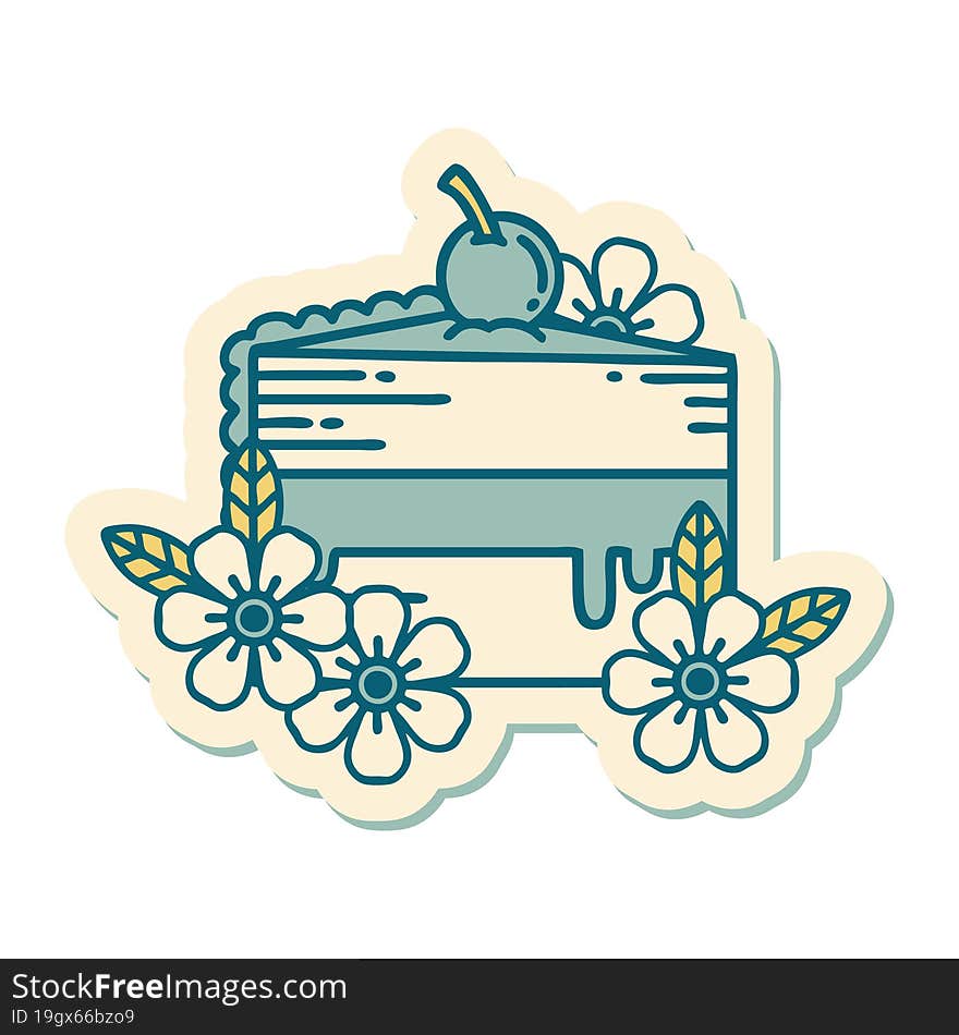 tattoo style sticker of a slice of cake and flowers