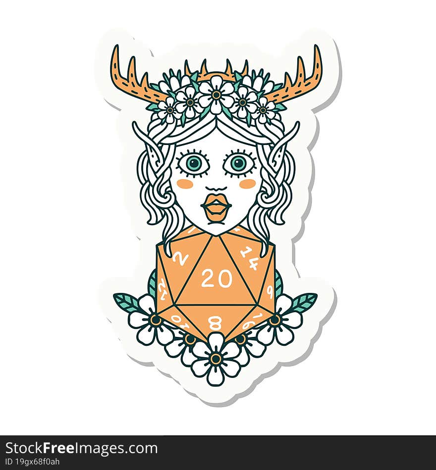 Elf Druid Character With Nautral Twenty Dice Roll Sticker