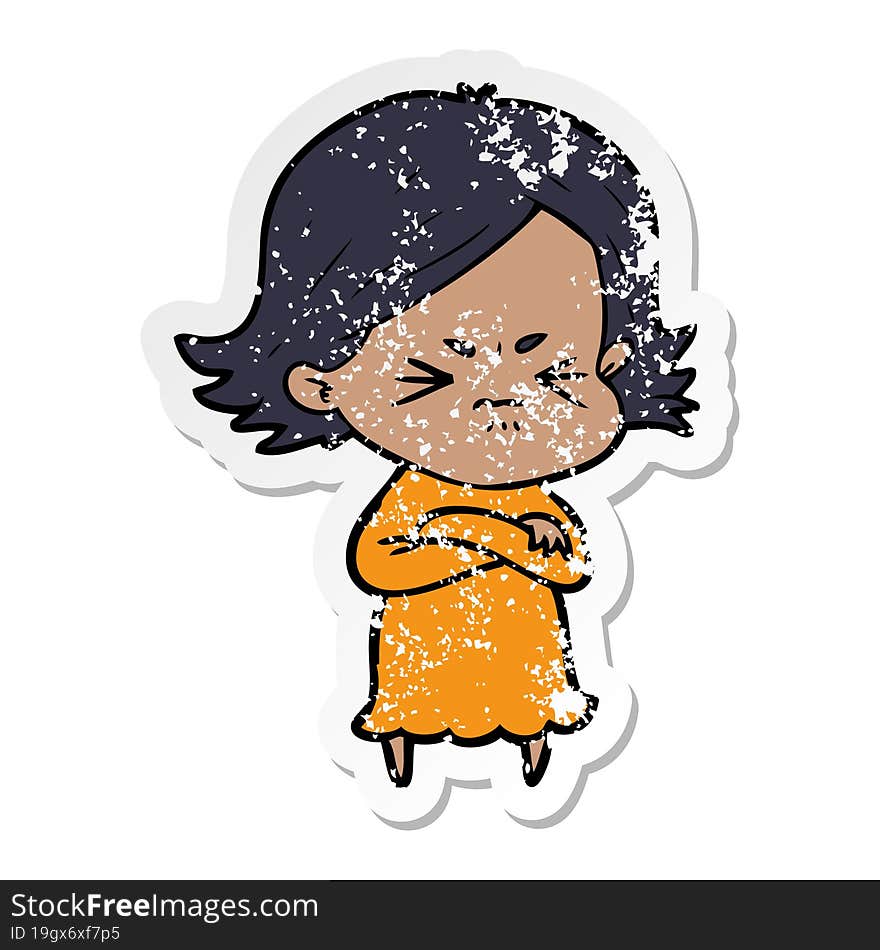 distressed sticker of a cartoon angry woman