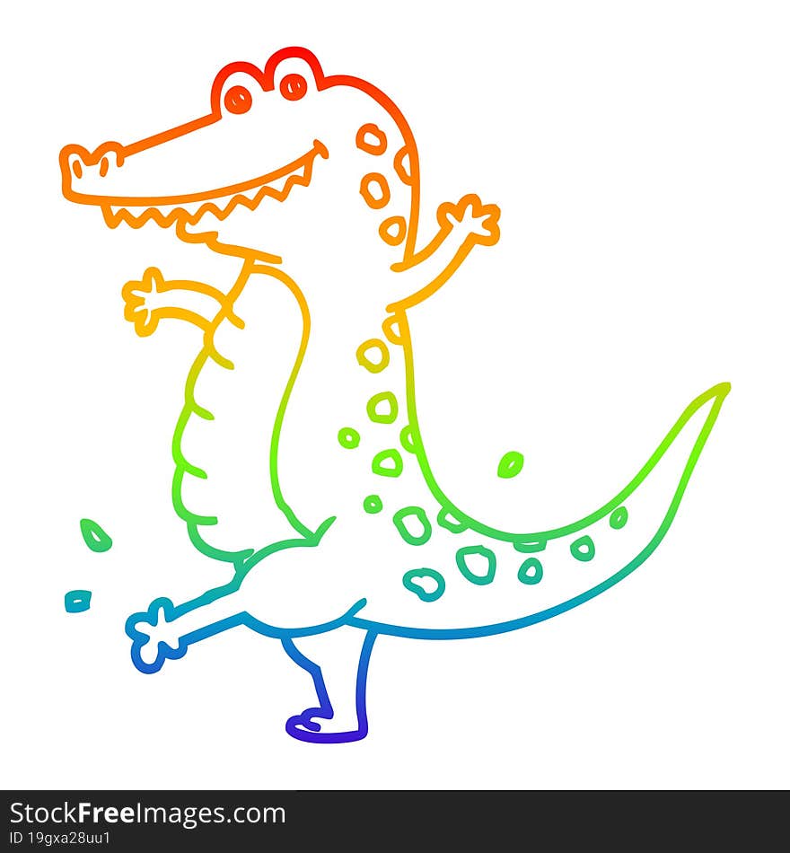 rainbow gradient line drawing of a cartoon dancing crocodile